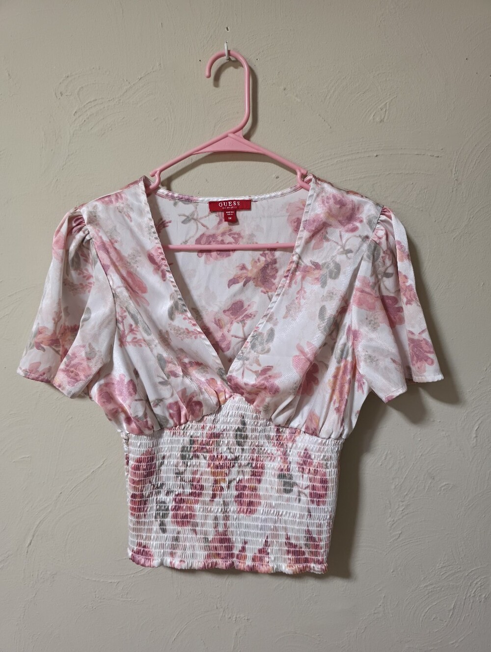 GUESS Pink and Cream Floral V-Neck Smocked Crop Top